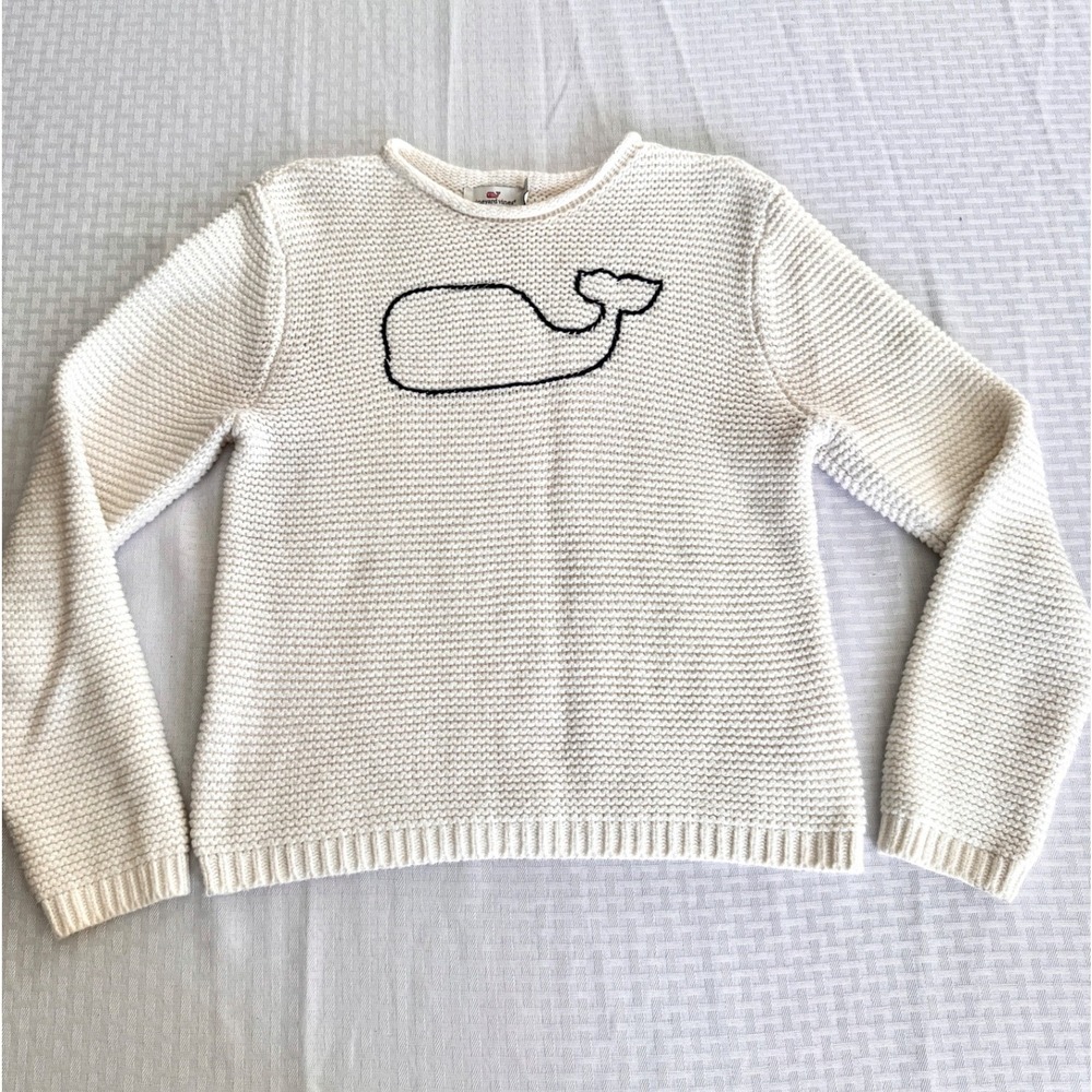 Vineyard Vines Whale Logo Sweater XL Cream Navy Preppy Coastal Knit Pullover